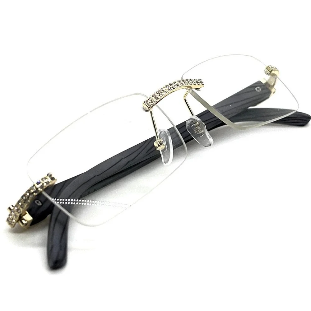 Rimless Sunglasses Men Gold Clear Lens Wood Grain Arm Fashion‎ Eyewear Rap Music